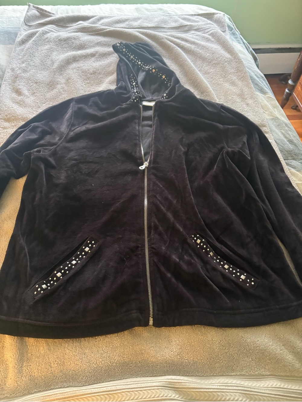 Alfred Dunner Black Hooded Zip Jacket with Stud Embellishments